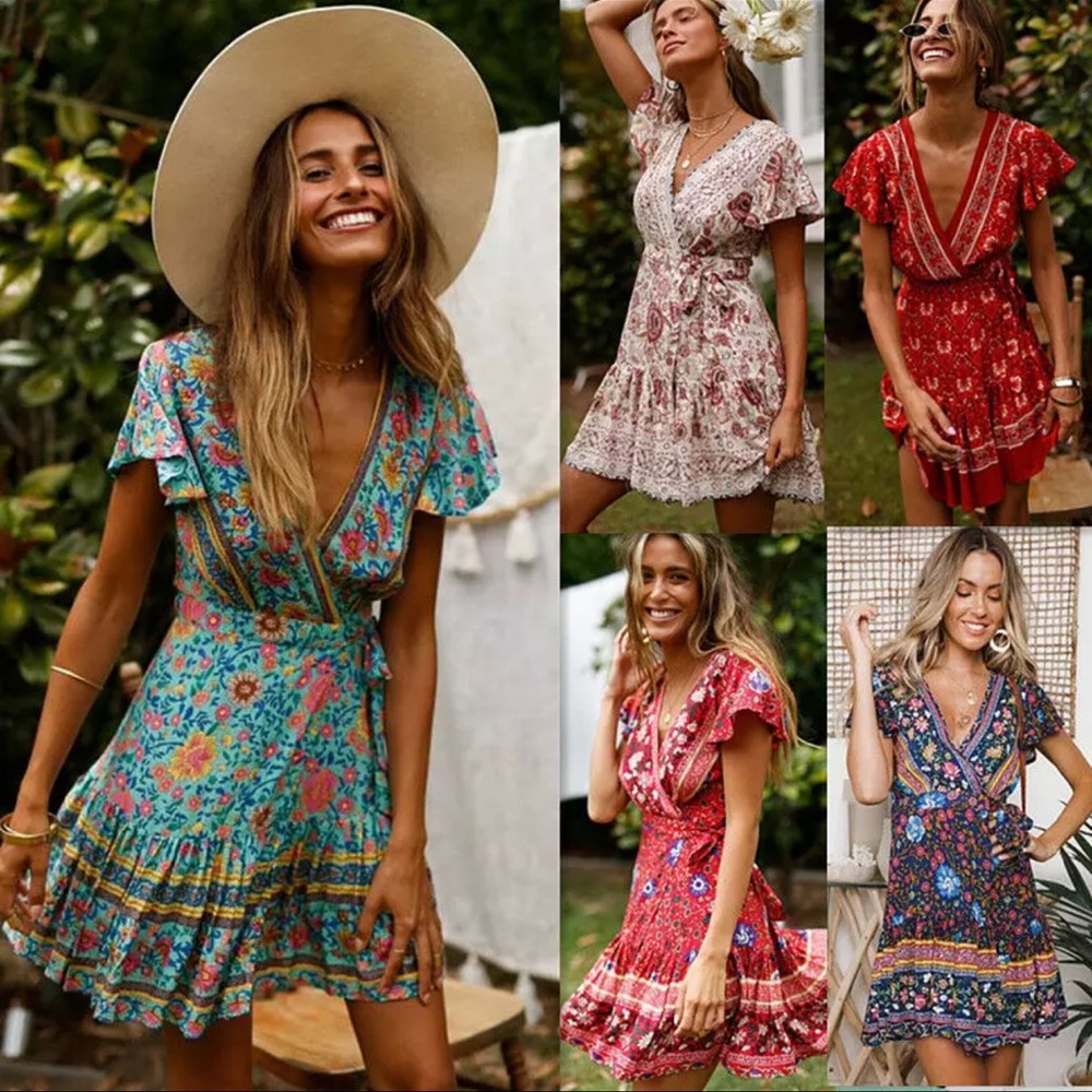 Red Floral Gypsy Boho Print Wrap Dress V Neck - Picture 3 of 4